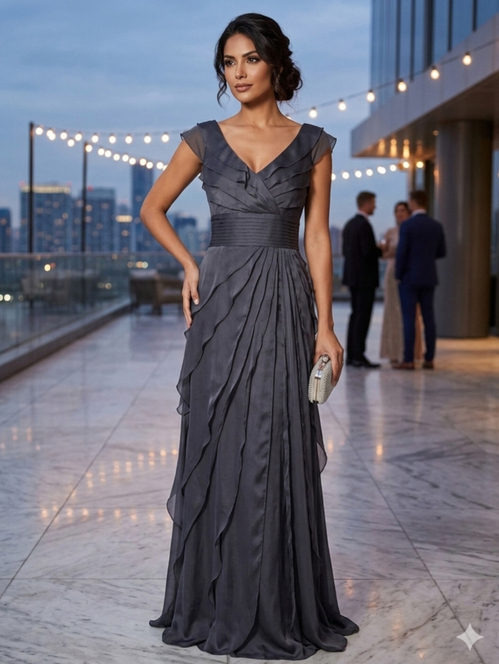 Adrianna Papell Grey Chiffon Ruffle Column Gown Pleated Waist Prom/ Ghest Size 4